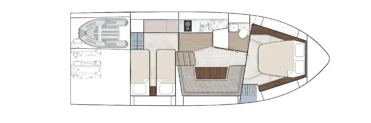 Boat interior layout featuring a bed, seating area, kitchenette, and shower room, with a small inflatable boat on deck.